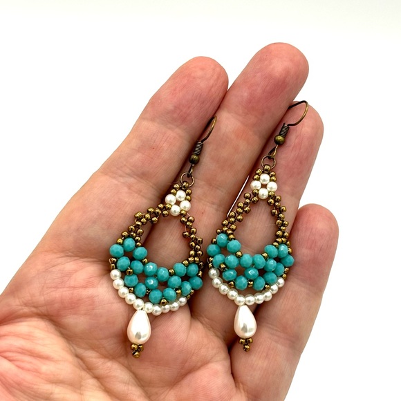 Hand Crafted Beaded Turquoise Crystal and Pearl Chunky Earrings - Picture 4 of 7